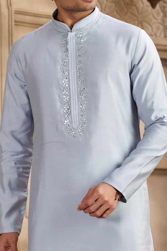 Sky Blue Banarasi Art Silk Kurta Pajama (NMK-8481) - Nihal Fashions