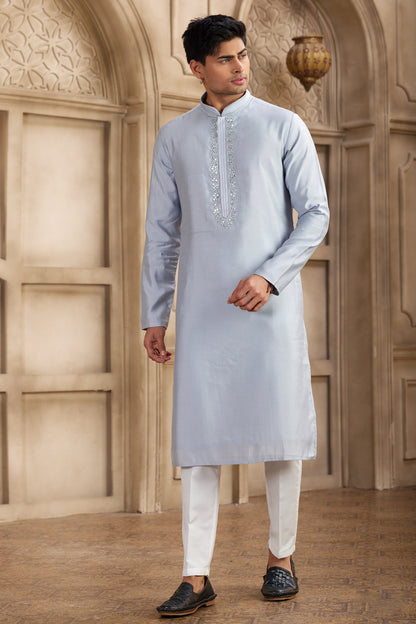 Sky Blue Banarasi Art Silk Kurta Pajama (NMK-8481) - Nihal Fashions