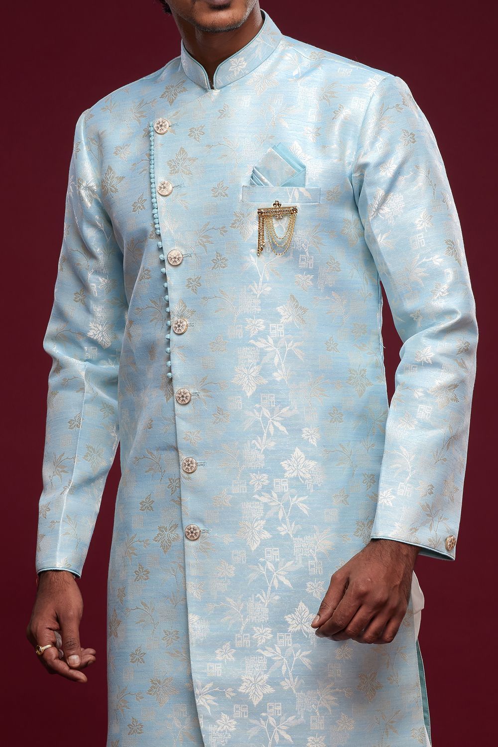 Sky Blue Banarasi Jaquard Mens Indo Western (NMK-6982) - Nihal Fashions