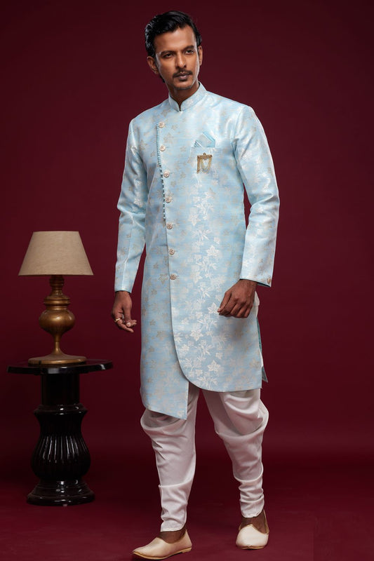 Sky Blue Banarasi Jaquard Mens Indo Western (NMK-6982) - Nihal Fashions