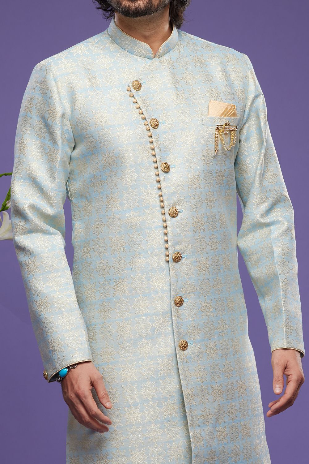Sky Blue Banarasi Jaquard Mens Indo Western (NMK-7002) - Nihal Fashions