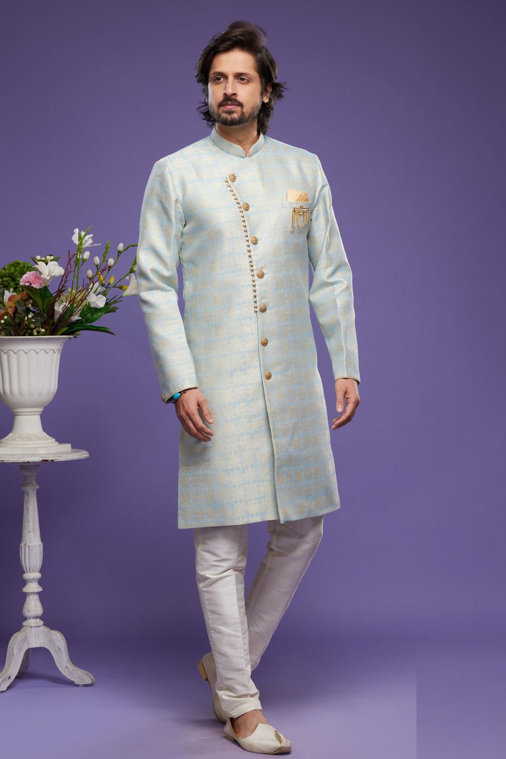 Sky Blue Banarasi Jaquard Mens Indo Western (NMK-7002) - Nihal Fashions