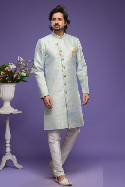 Sky Blue Banarasi Jaquard Mens Indo Western (NMK-7002) - Nihal Fashions
