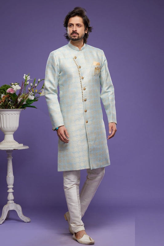 Sky Blue Banarasi Jaquard Mens Indo Western (NMK-7002) - Nihal Fashions