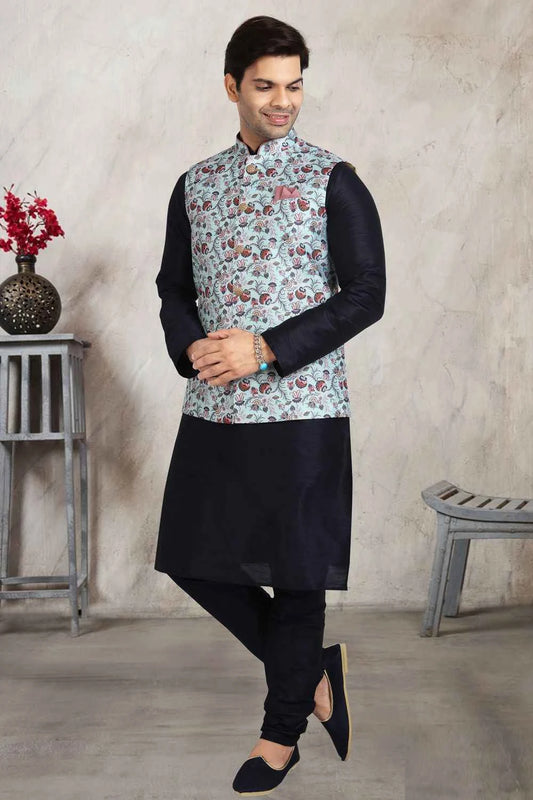 Sky Blue Banarasi Silk Nehru Jacket (NMK-5682)