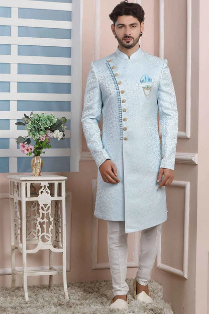 Sky Blue Imported Jaquard Silk Indo Western (NMK-6171)