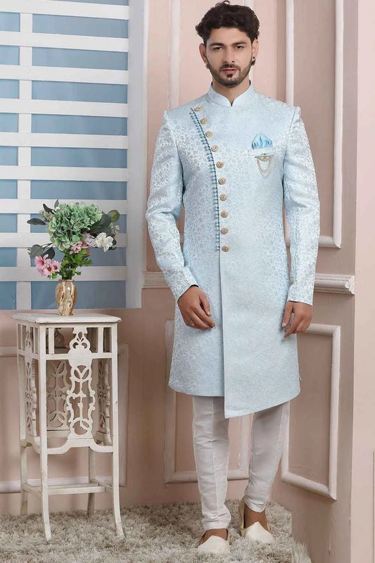 Sky Blue Imported Jaquard Silk Indo Western (NMK-6171)