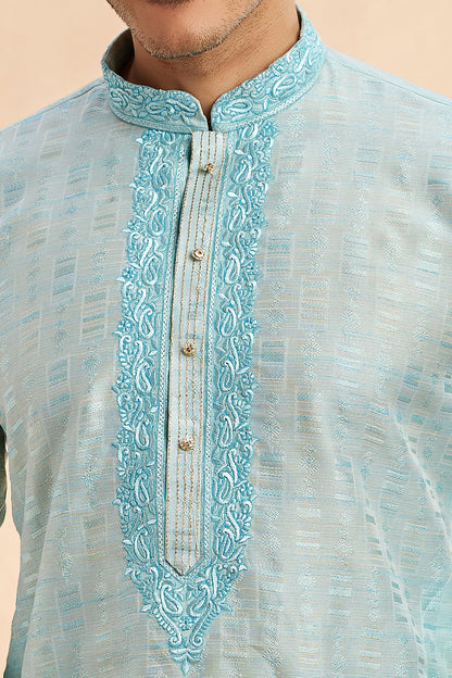Sky Blue Jaquard Art Silk Kurta Pajama (NMK-7902) - Nihal Fashions