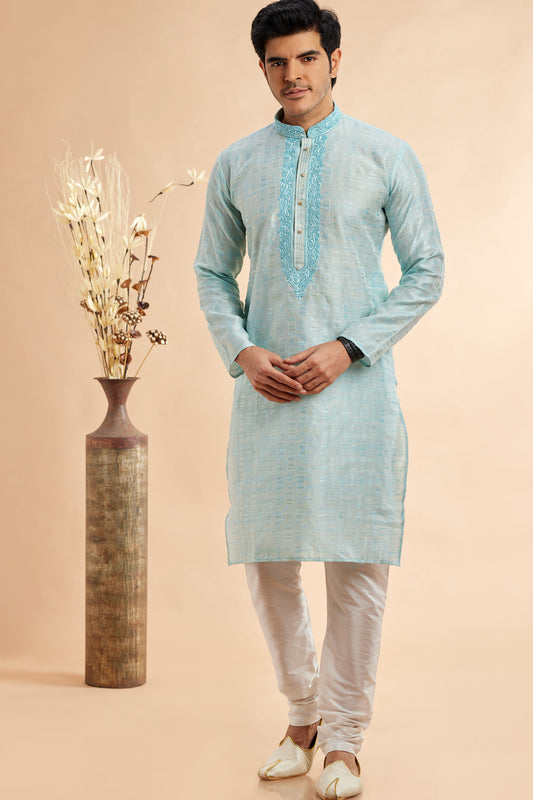 Sky Blue Jaquard Art Silk Kurta Pajama (NMK-7902) - Nihal Fashions