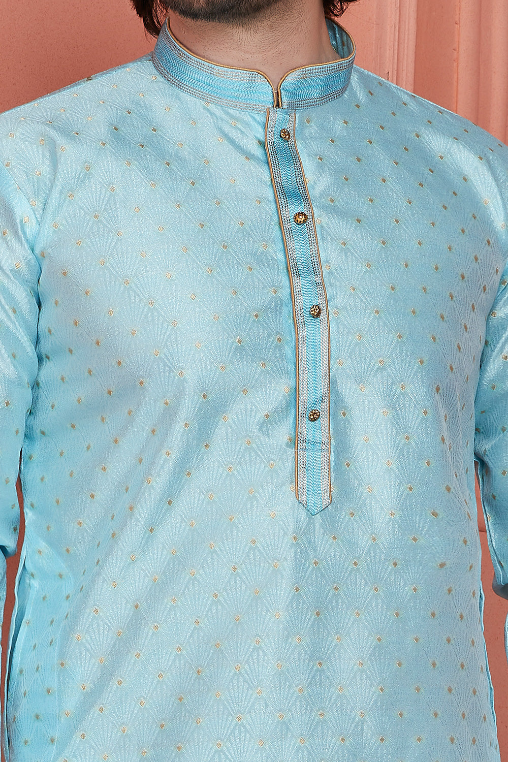 Sky Blue Jaquard Banarasi Silk Mens Kurta (NMK-8169) - Nihal Fashions