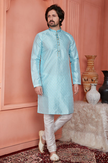Sky Blue Jaquard Banarasi Silk Mens Kurta (NMK-8169) - Nihal Fashions
