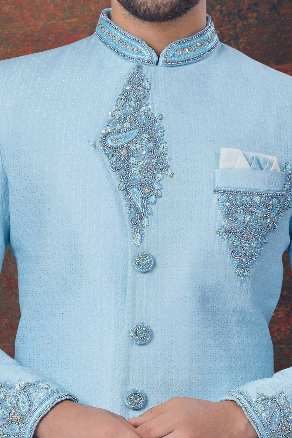 Sky Blue Jaquard Indo Western for Men (NMK-7798) - Nihal Fashions