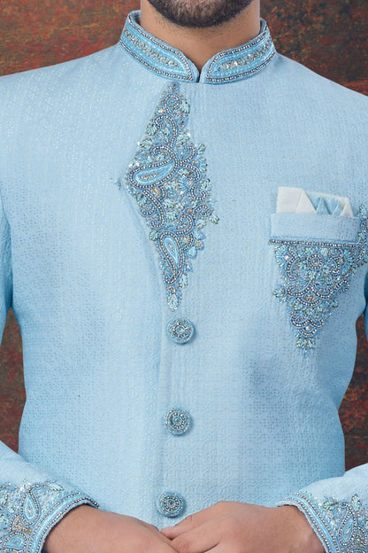 Sky Blue Jaquard Indo Western for Men (NMK-7798) - Nihal Fashions