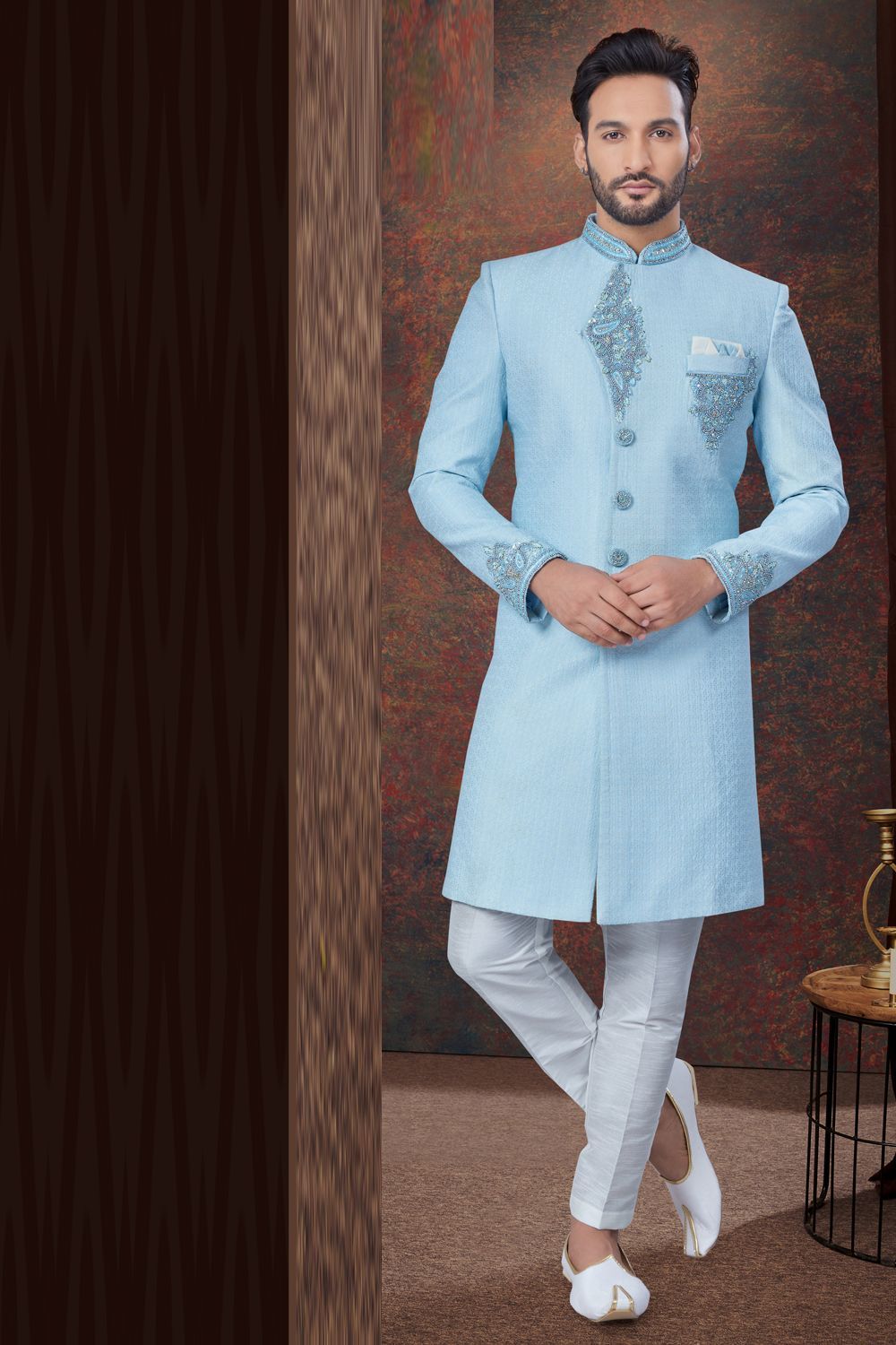 Sky Blue Jaquard Indo Western for Men (NMK-7798) - Nihal Fashions