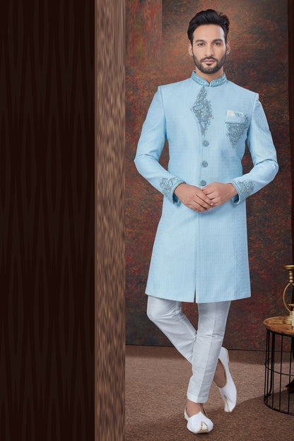 Sky Blue Jaquard Indo Western for Men (NMK-7798) - Nihal Fashions