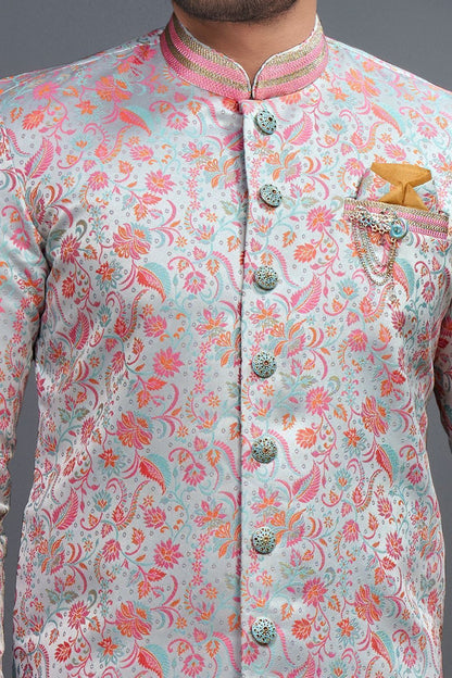 Sky Blue Jaquard Indo Western (NMK-7341) - Nihal Fashions
