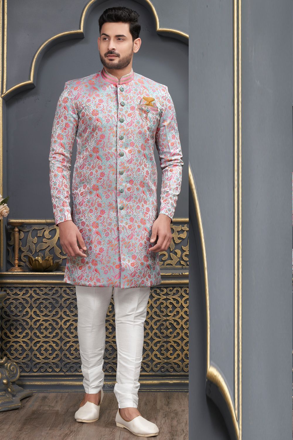 Sky Blue Jaquard Indo Western (NMK-7341) - Nihal Fashions
