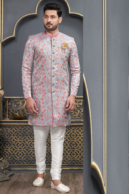 Sky Blue Jaquard Indo Western (NMK-7341) - Nihal Fashions