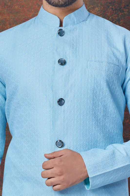 Sky Blue Jaquard Indo Western (NMK-7855) - Nihal Fashions