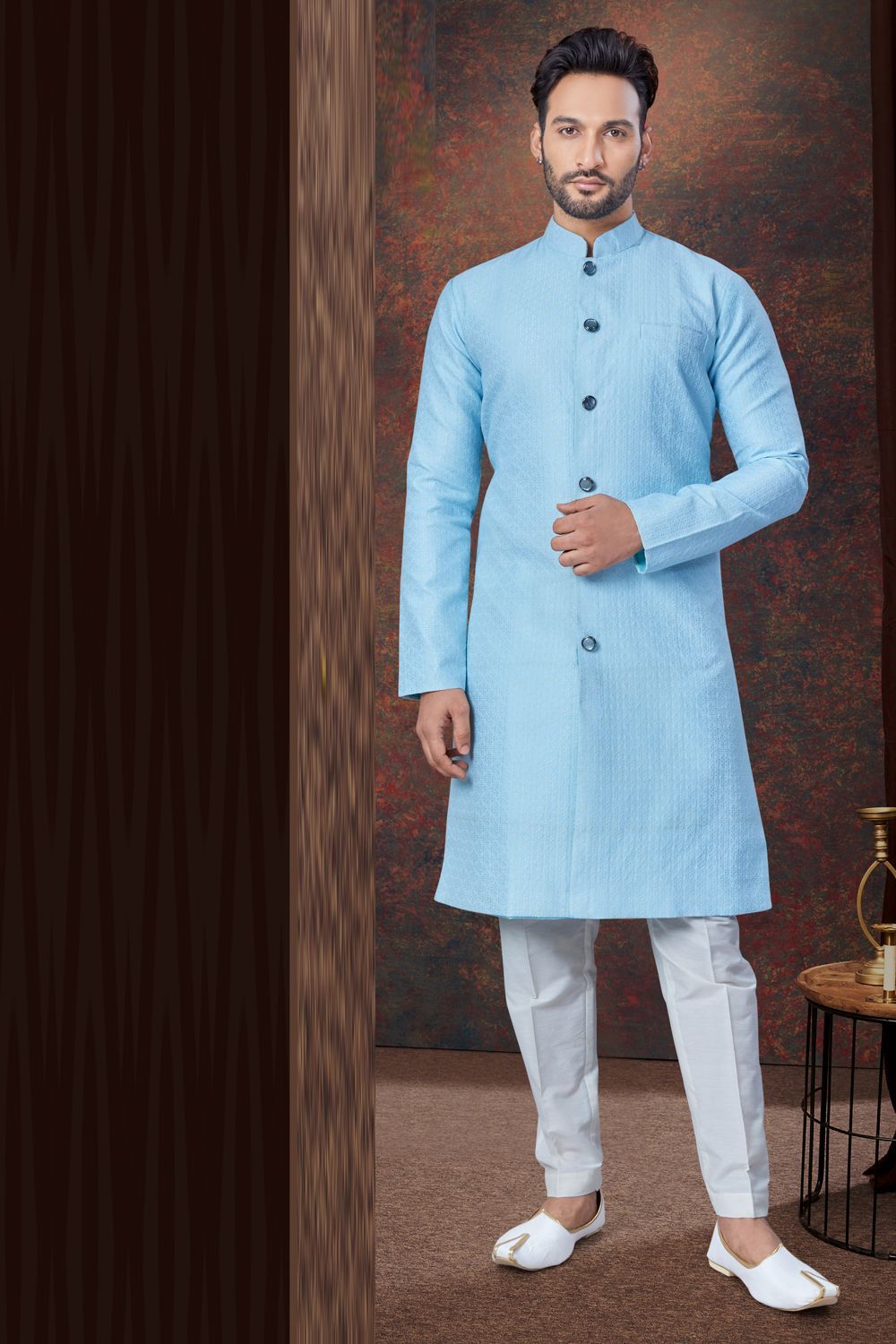 Sky Blue Jaquard Indo Western (NMK-7855) - Nihal Fashions