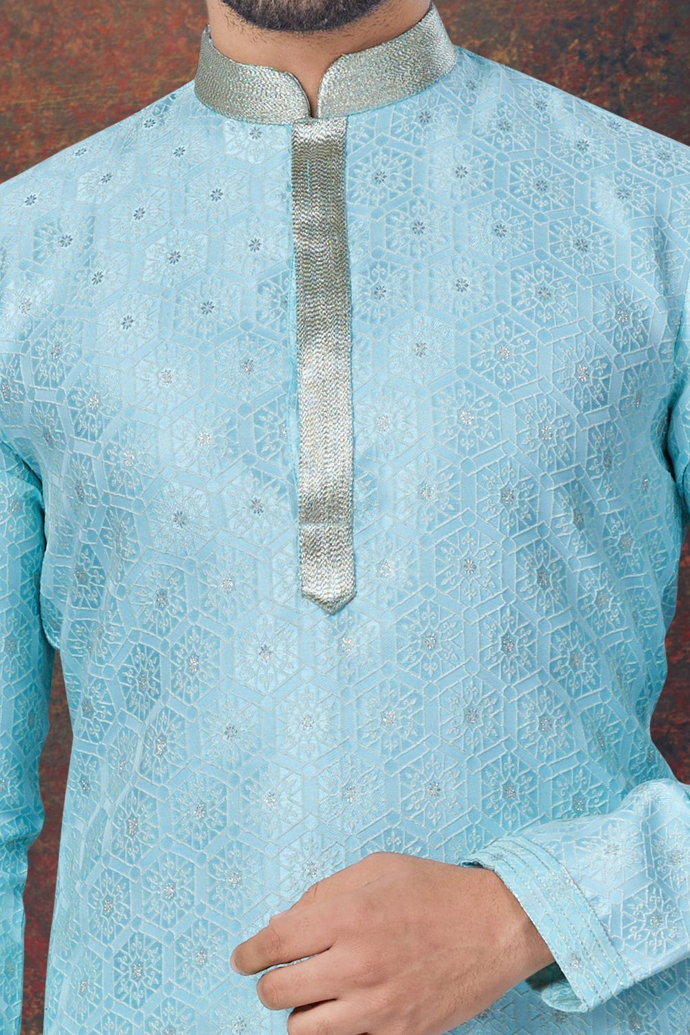Sky Blue Jaquard Kurta Pajama (NMK-7824) - Nihal Fashions