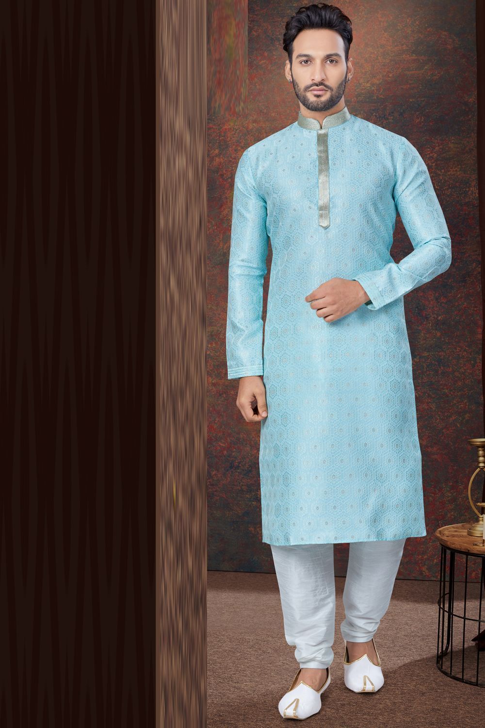 Sky Blue Jaquard Kurta Pajama (NMK-7824) - Nihal Fashions