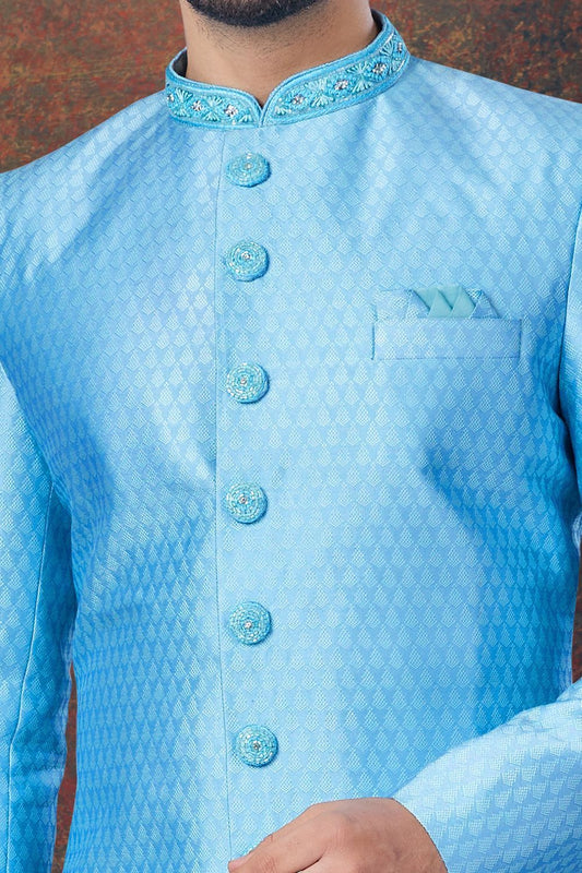 Sky Blue Jaquard Mens Indo Western (NMK-7787) - Nihal Fashions