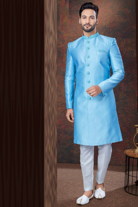 Sky Blue Jaquard Mens Indo Western (NMK-7787) - Nihal Fashions