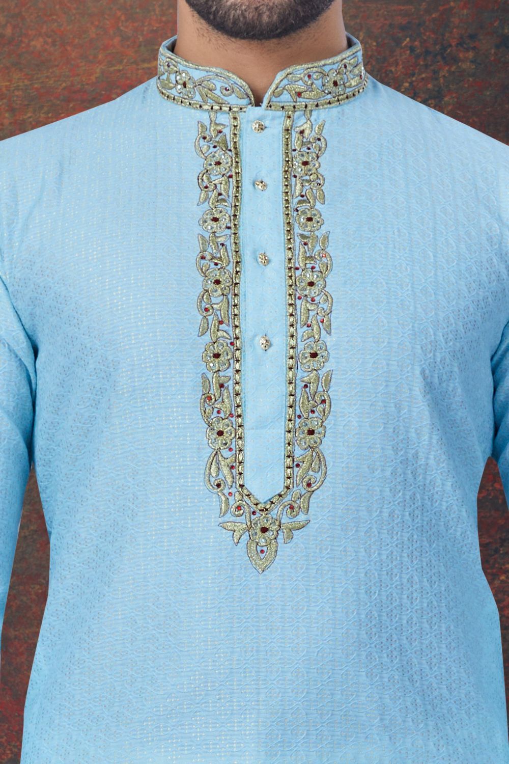 Sky Blue Jaquard Mens Kurta Pajama (NMK-7834) - Nihal Fashions