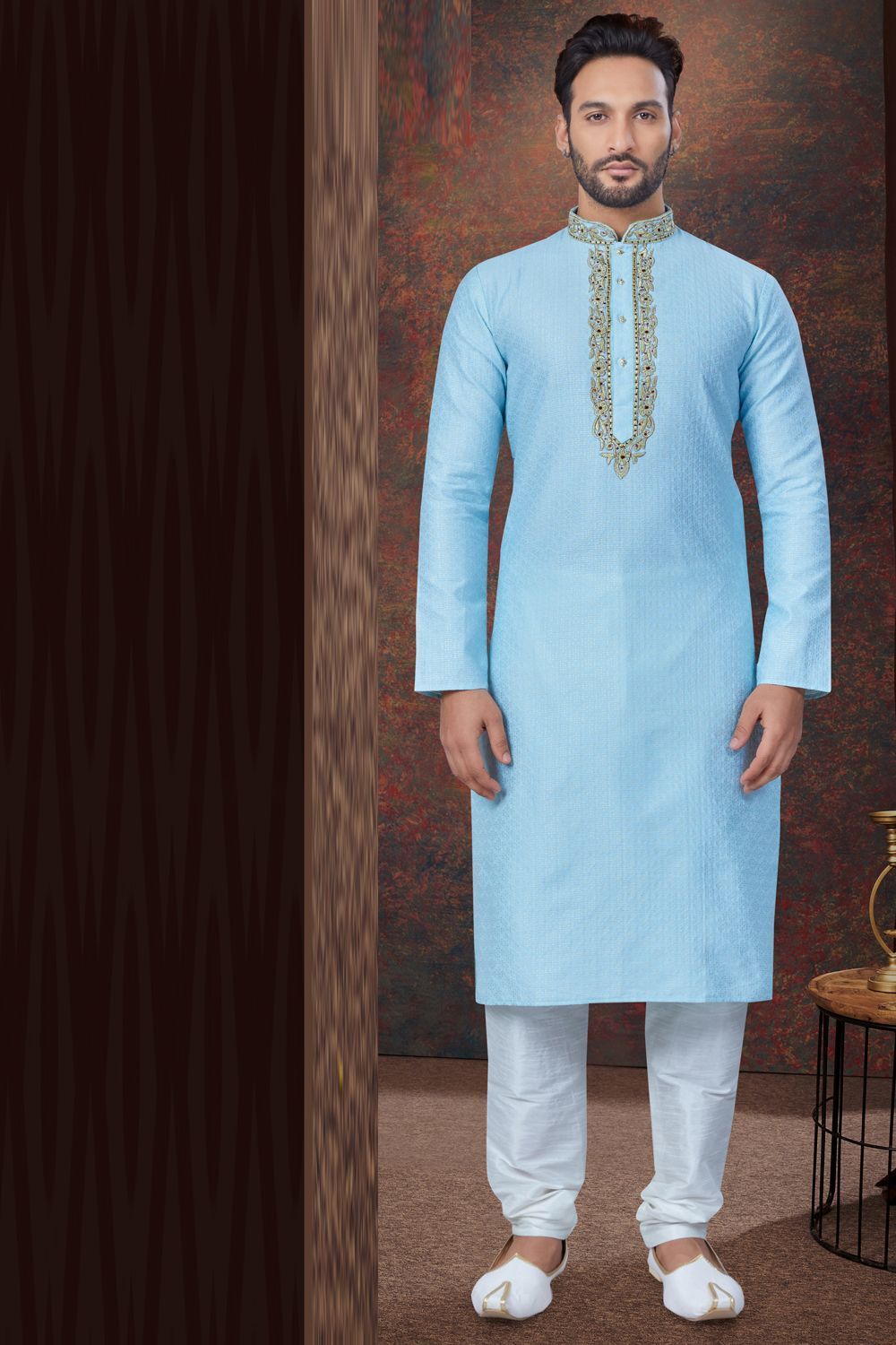 Sky Blue Jaquard Mens Kurta Pajama (NMK-7834) - Nihal Fashions