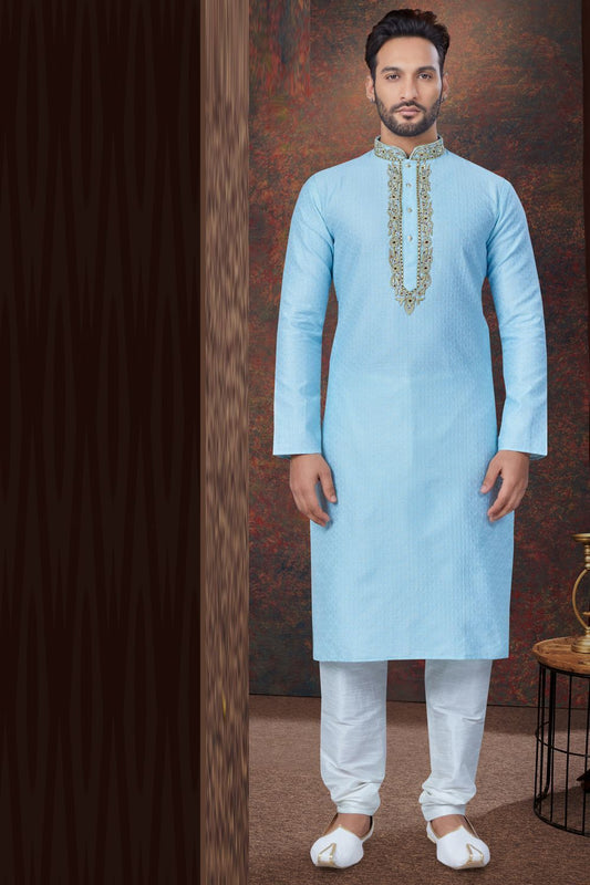 Sky Blue Jaquard Mens Kurta Pajama (NMK-7834) - Nihal Fashions