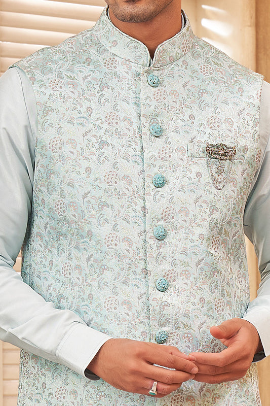 Sky Blue Jaquard Semi Silk Brocade Nehru Jacket (NMK-8052) - Nihal Fashions