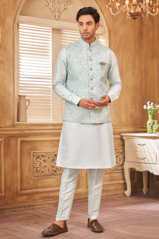 Sky Blue Jaquard Semi Silk Brocade Nehru Jacket (NMK-8052) - Nihal Fashions