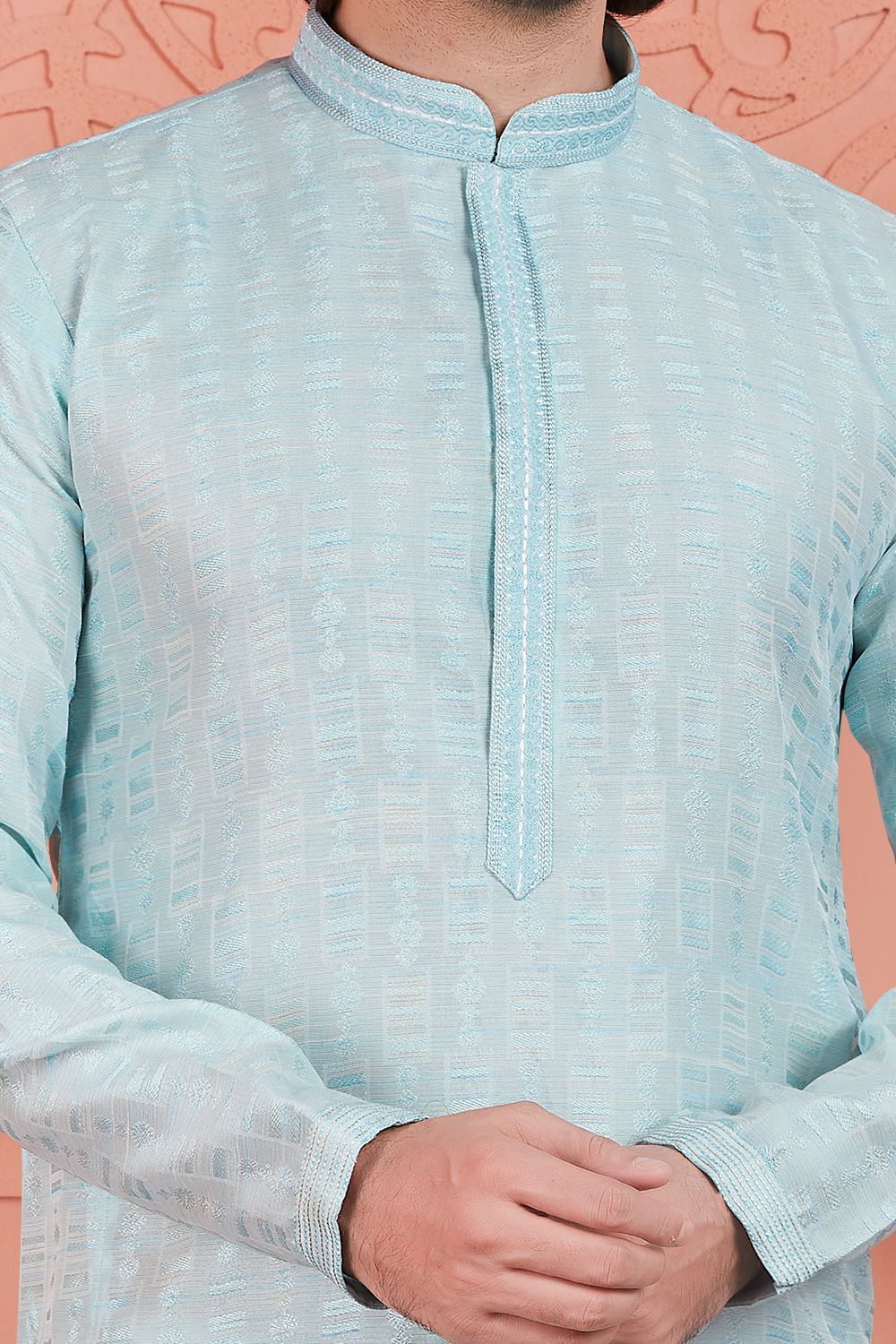 Sky Blue Jaquard Silk Brocade Kurtas (NMK-7753) - Nihal Fashions