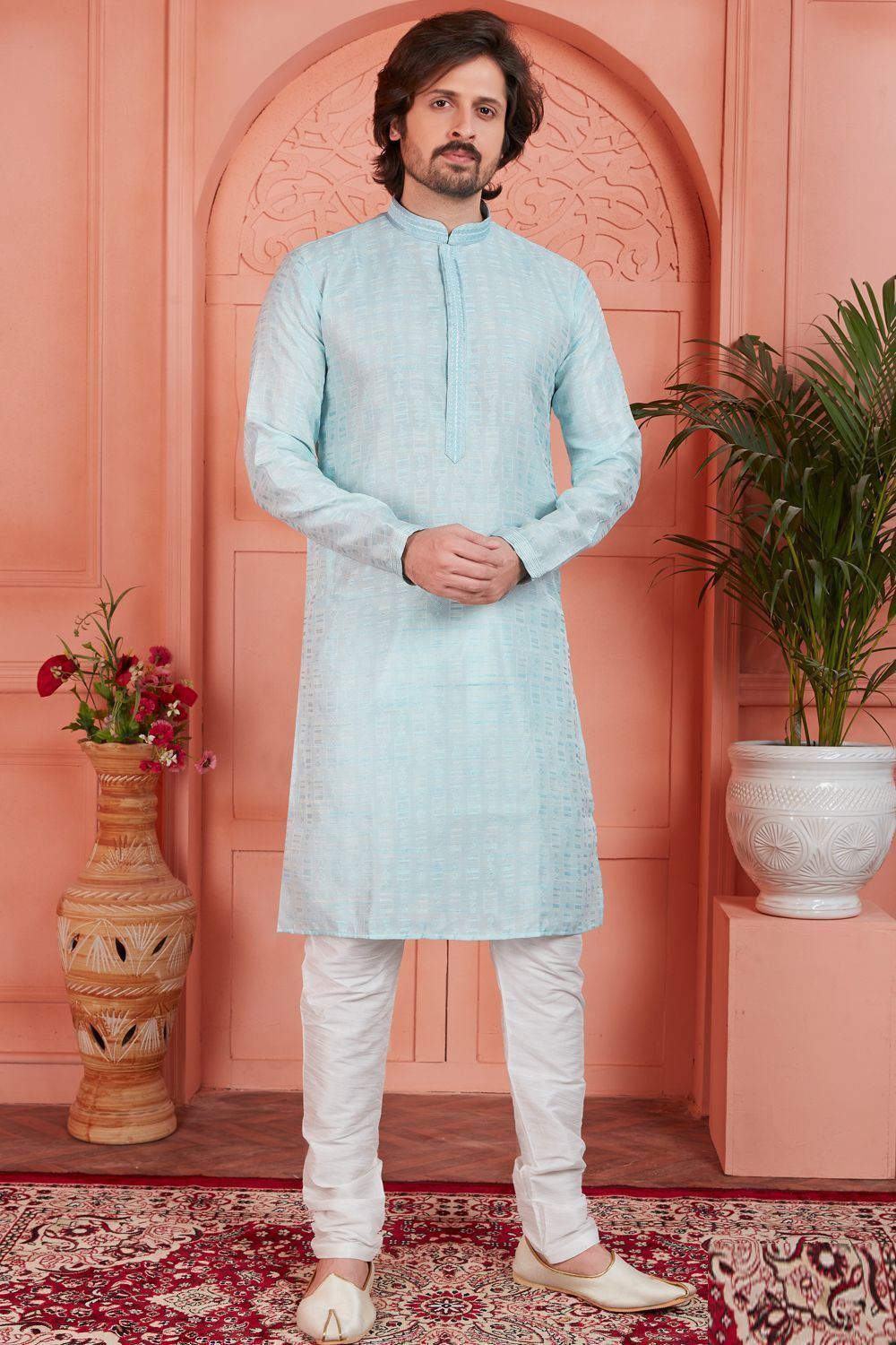 Sky Blue Jaquard Silk Brocade Kurtas (NMK-7753) - Nihal Fashions