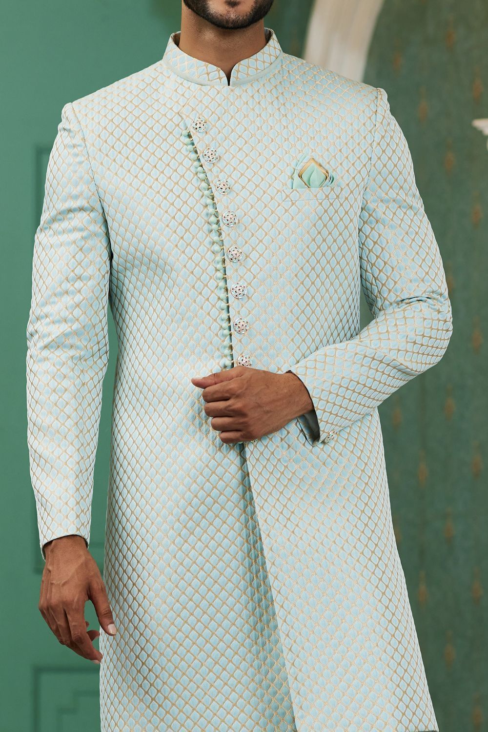 Sky Blue Jaquard Silk Indo Western (NMK-7147) - Nihal Fashions