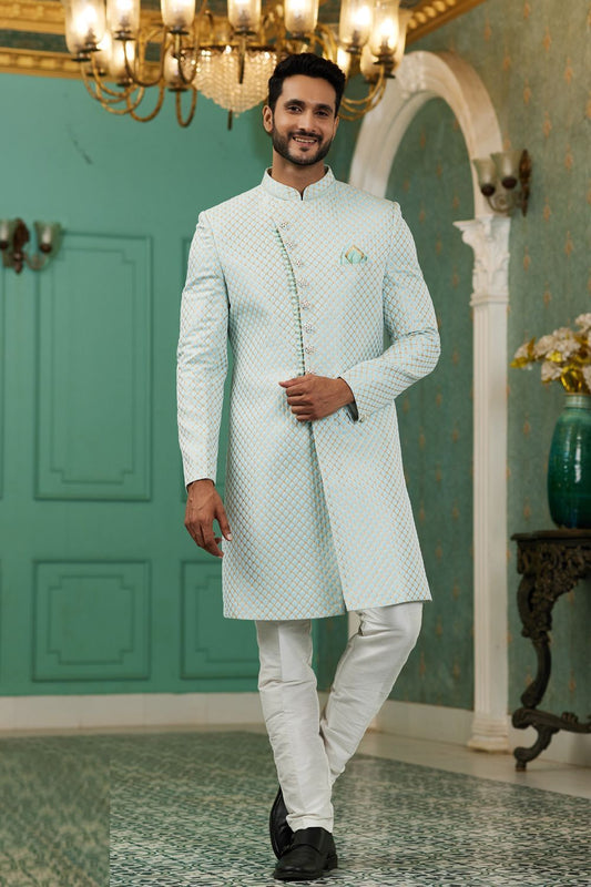 Sky Blue Jaquard Silk Indo Western (NMK-7147) - Nihal Fashions
