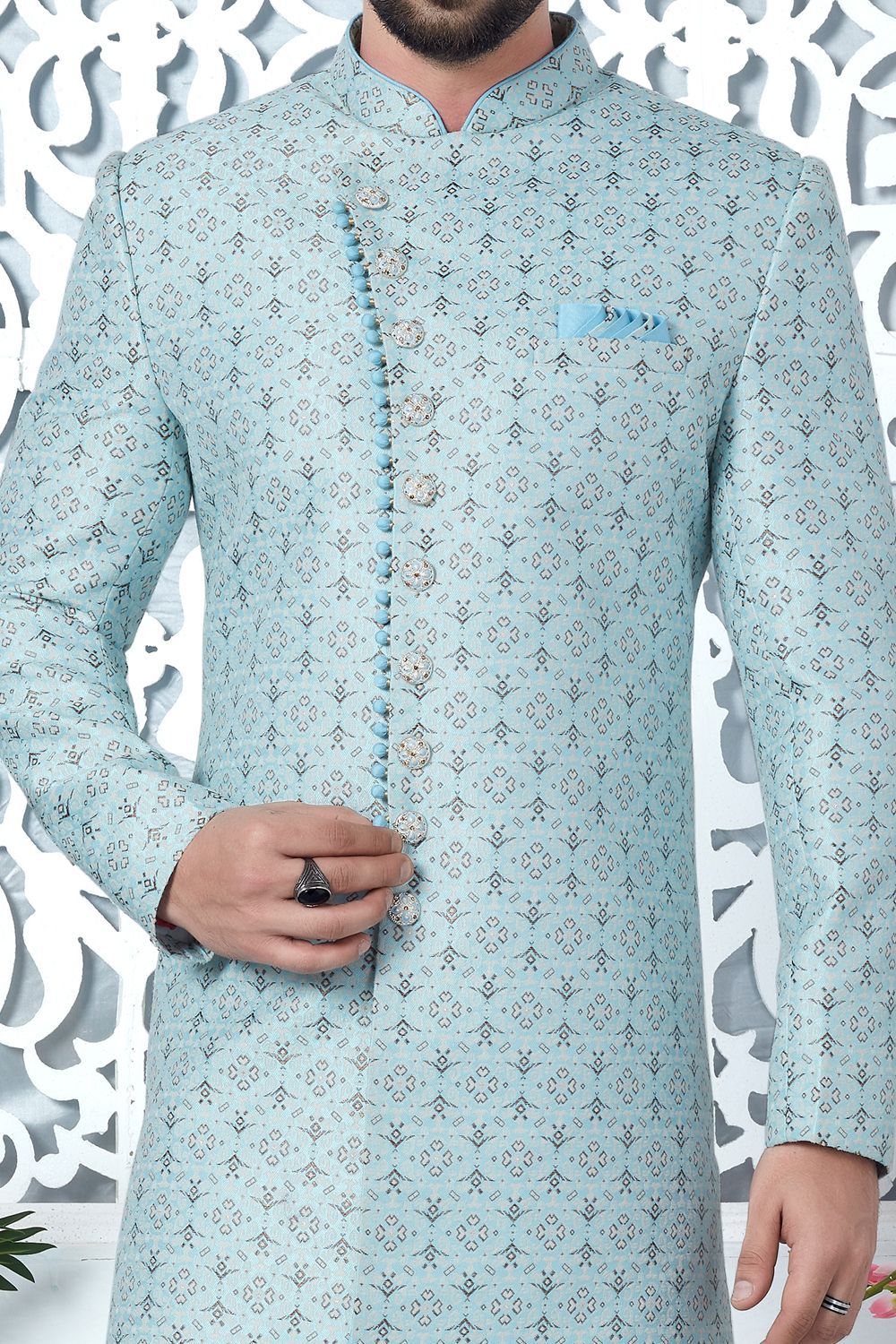 Sky Blue Jaquard Silk Indo Western (NMK-7187) - Nihal Fashions