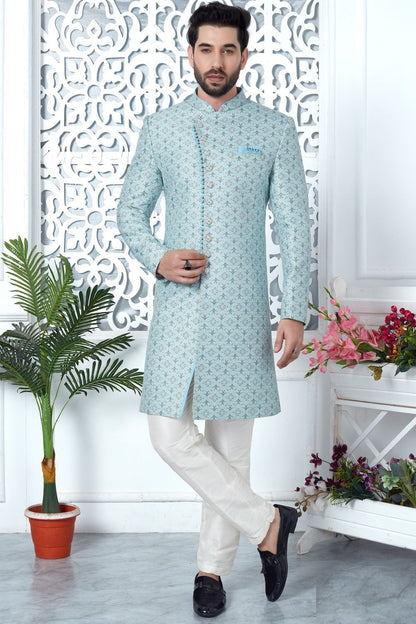 Sky Blue Jaquard Silk Indo Western (NMK-7187) - Nihal Fashions
