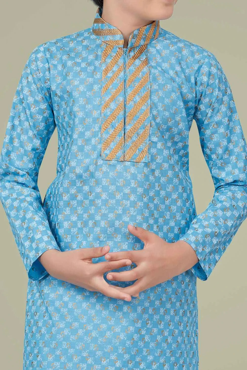 Sky Blue Printed Cotton Silk Boys Kurta Pajama (NKK-710)