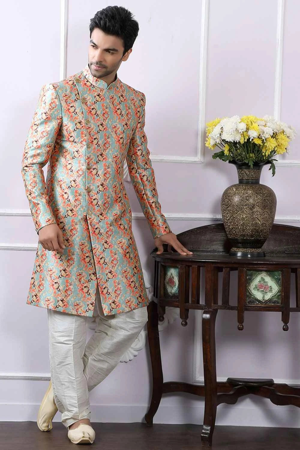 Sky Blue Silk Indo Western Kurta (NMK-4097)
