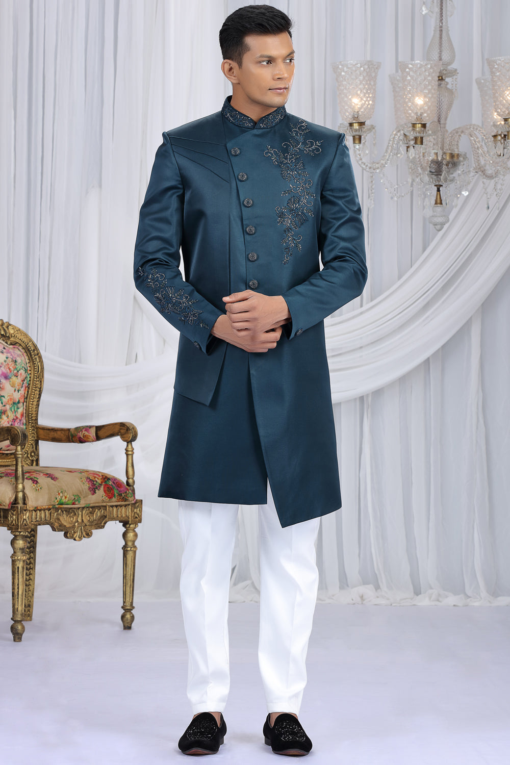 Teal Blue Art Silk Indo Western (NMK-8681) - Nihal Fashions