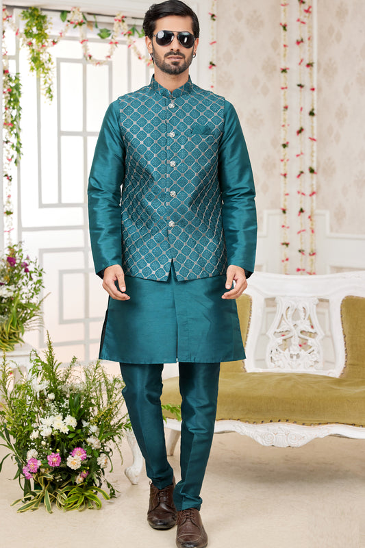 Teal Blue Art Silk Nehru Jacket (NMK-7978) - Nihal Fashions
