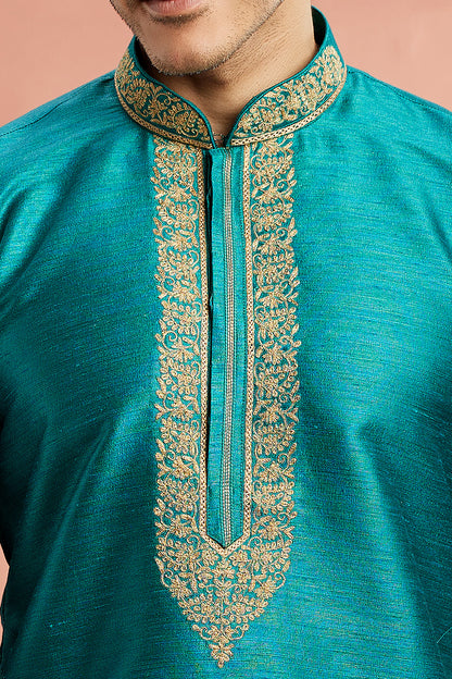 Teal Blue Banarasi Art Silk Kurta Pajama (NMK-7934) - Nihal Fashions