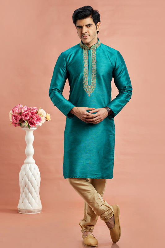 Teal Blue Banarasi Art Silk Kurta Pajama (NMK-7934) - Nihal Fashions