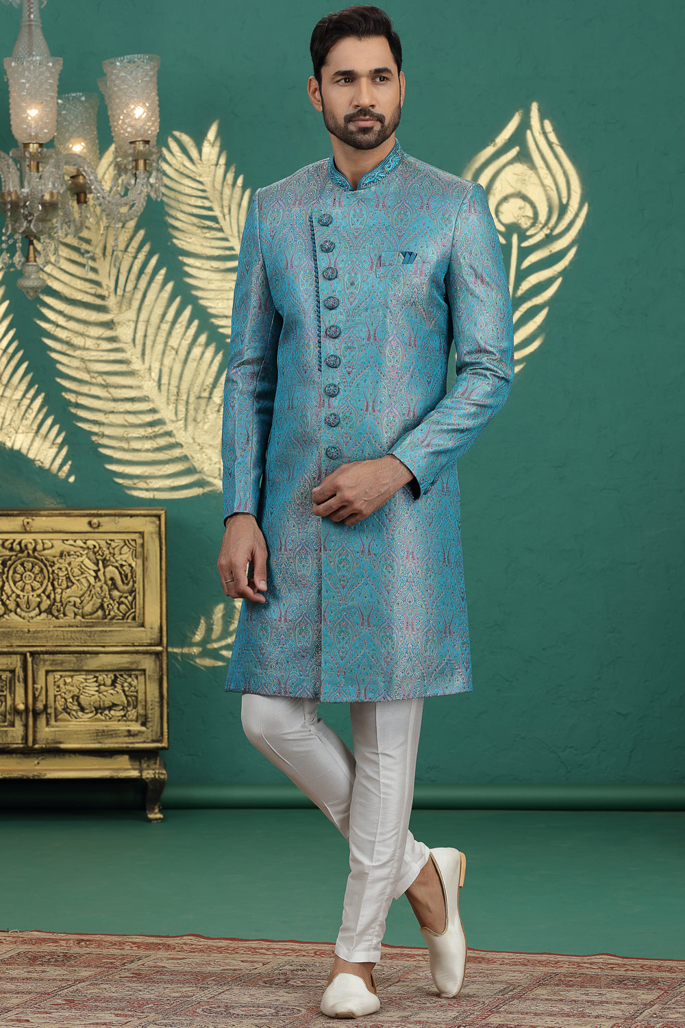 Teal Blue Banarasi Jaquard Sherwani (NMK-8614) - Nihal Fashions