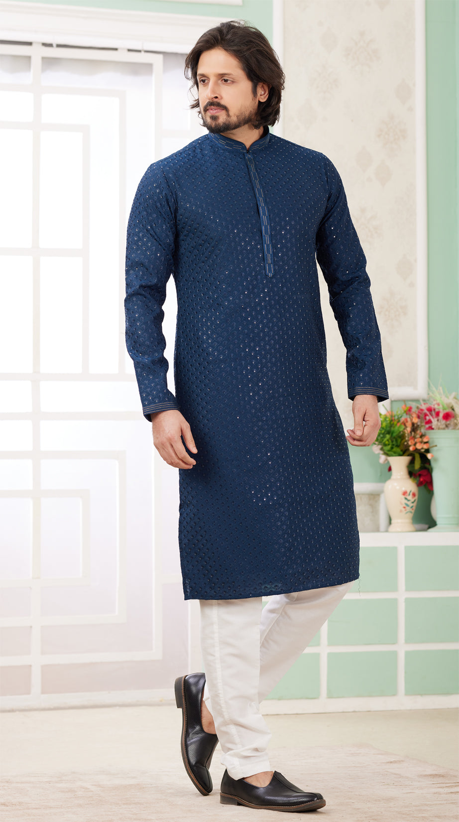 Teal Blue Embroidered Art Silk Kurta Pajama (NMK-8360) - Nihal Fashions