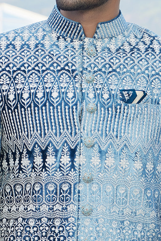 Teal Blue Velvet Indo Western (NMK-8214) - Nihal Fashions