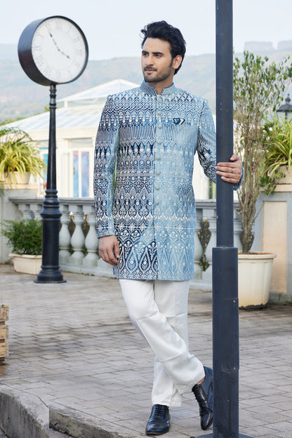 Teal Blue Velvet Indo Western (NMK-8214) - Nihal Fashions