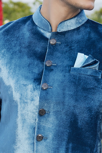 Teal Blue Velvet Jodhpuri (NMK-8226) - Nihal Fashions